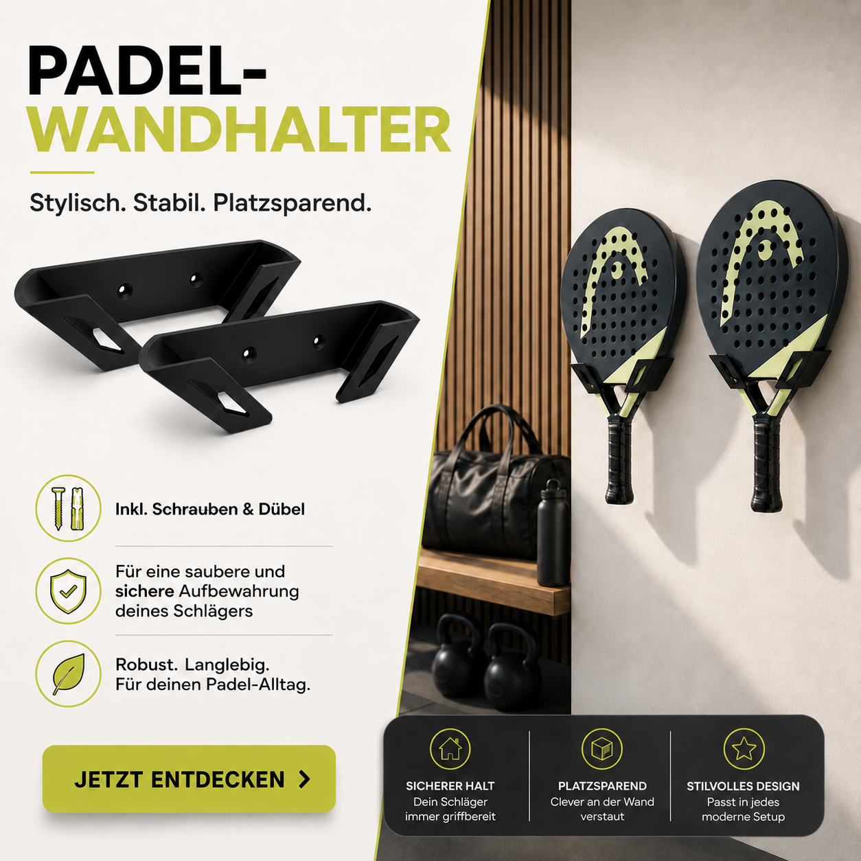 Padel-Wandhalter 2er-Set für Schläger – Wandhalterung inkl. Montagematerial