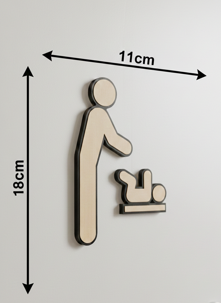 WC Schild Tür – Wickelraum mit Lindenholz Dekor | Baby-Wickelstation Hinweisschild | Modernes Piktogramm | Selbstklebend