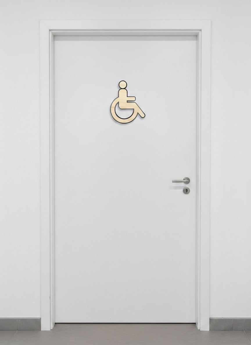 WC Schild Barrierefrei – Toilettenschild Rollstuhl aus Kunststoff mit Lindenholz-Dekor – Modernes Behinderten WC Symbol – Türschild für barrierefreie Toilette & Bad