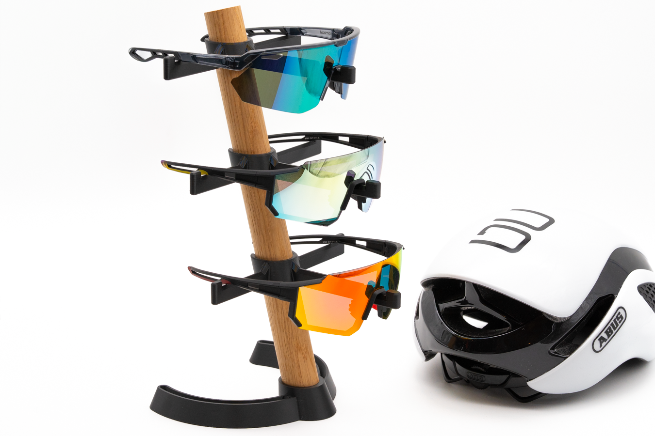 Brillenständer aus Eiche mit modernem Design – Brillenhalter für 3 Brillen – ideal für Sonnenbrillen, Ski- & Fahrradbrillen – Stabiler Brillen Organizer mit Holz & schwarzem Halterungssystem