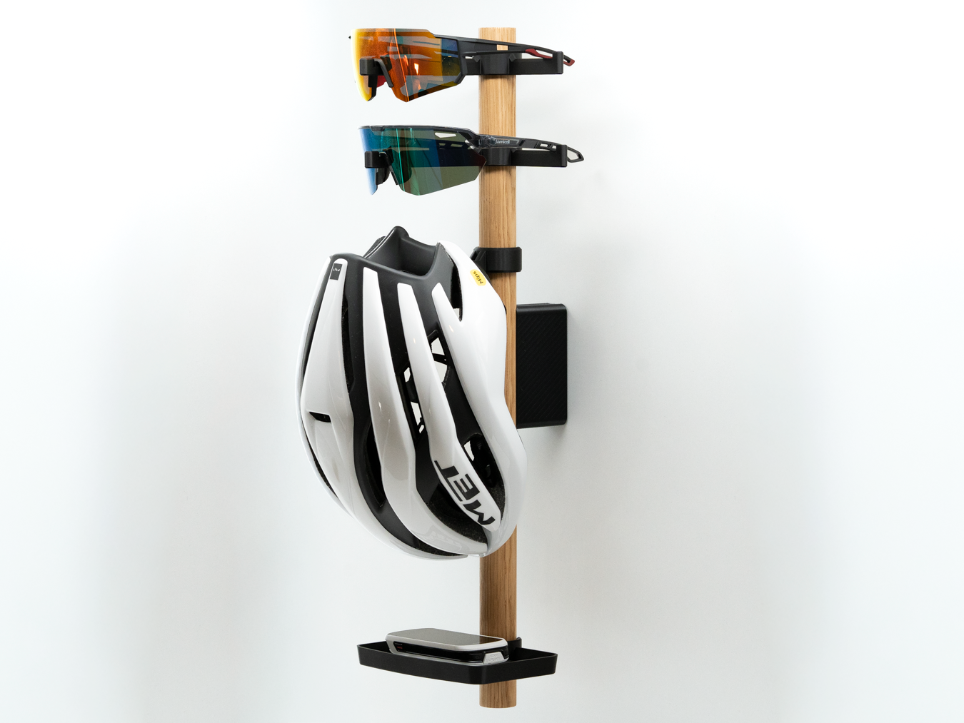 Fahrradhelm Wand Halter aus Eiche - Wandhalterung mit modernem Design für 1 Helm 2 Brillen und eine Zubehör Ablage