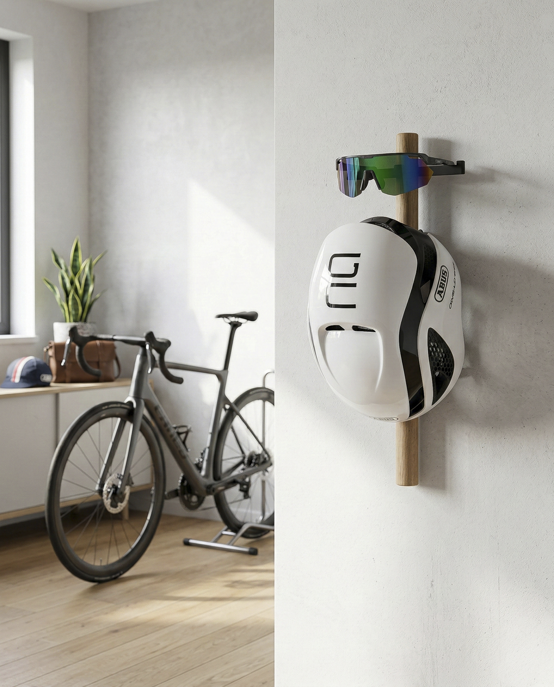Fahrradhelm Wand Halter aus Eiche - Wandhalterung mit modernem Design für 1 Helm und 1 Brille