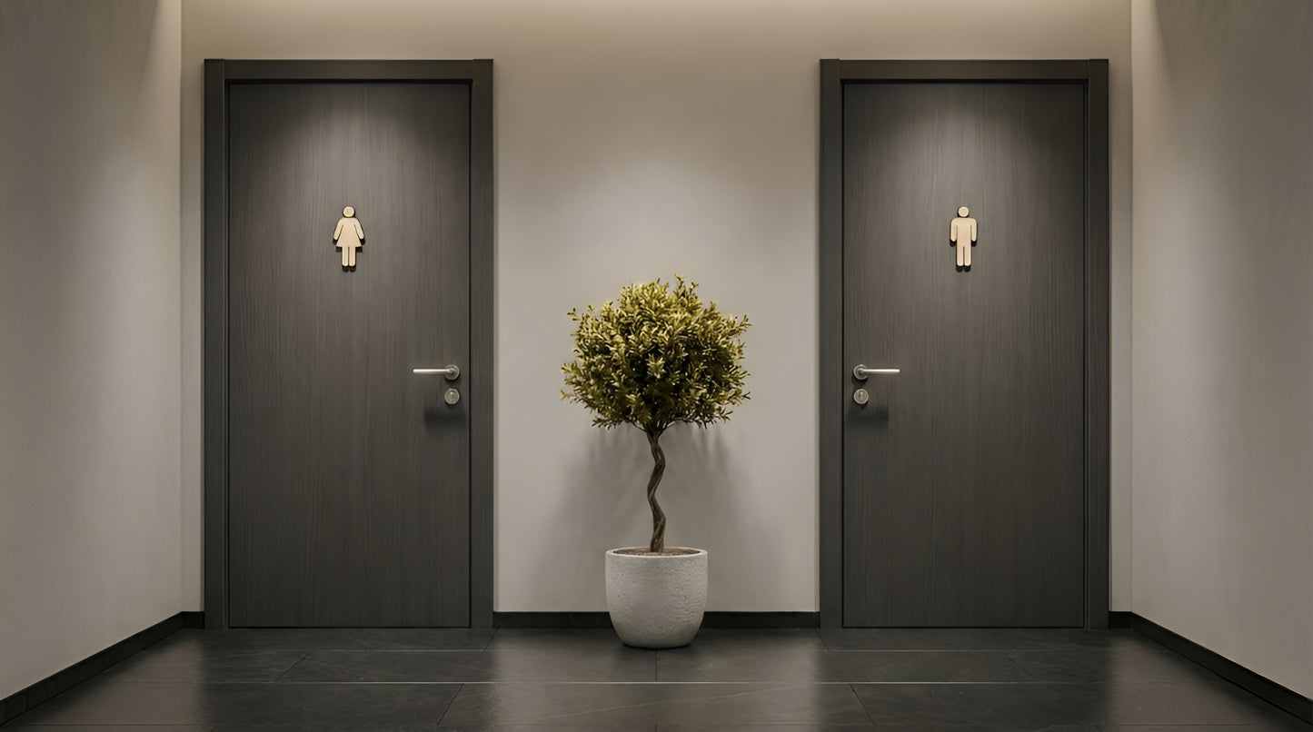 WC Schild Damen & Herren mit Lindenholz Dekor – Unisex Toilettenschild aus Kunststoff – Türschild für WC/Bad – Piktogramm Set für Büro, Praxis, Gastronomie & Zuhause