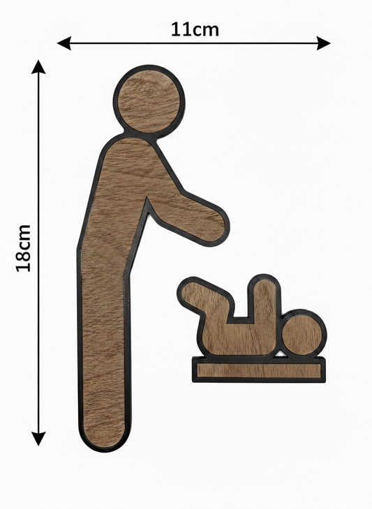 WC Schild Tür – Wickelraum mit Nussbaumholz Dekor | Baby-Wickelstation Hinweisschild | Modernes Piktogramm | Selbstklebend (Schwarz/Nussbaum)