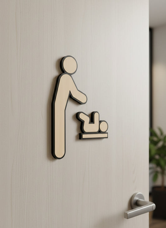WC Schild Tür – Wickelraum mit Lindenholz Dekor | Baby-Wickelstation Hinweisschild | Modernes Piktogramm | Selbstklebend