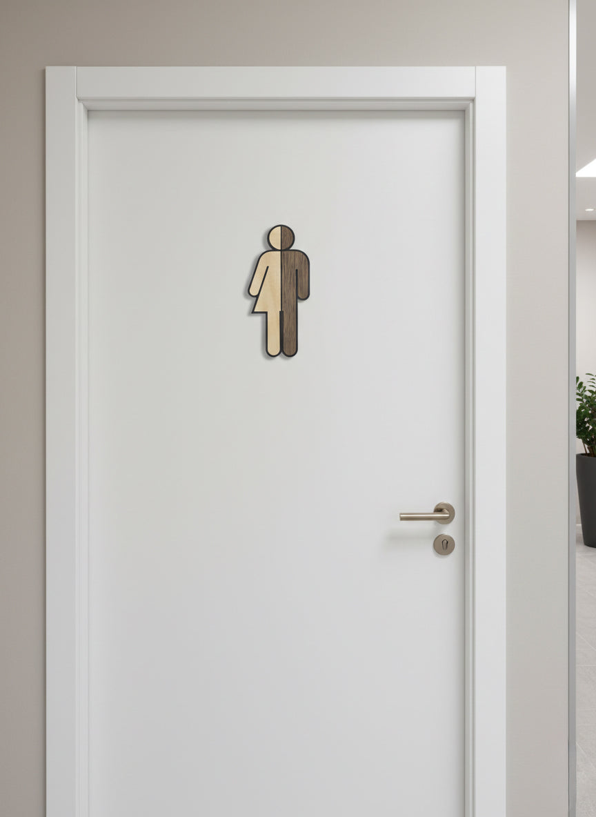 WC Schild Unisex/Divers – Toilettenschild aus Kunststoff mit Lindenholz & Nussbaum Dekor – Modernes Damen & Herren Symbol – Türschild für WC, Bad & Gäste-WC
