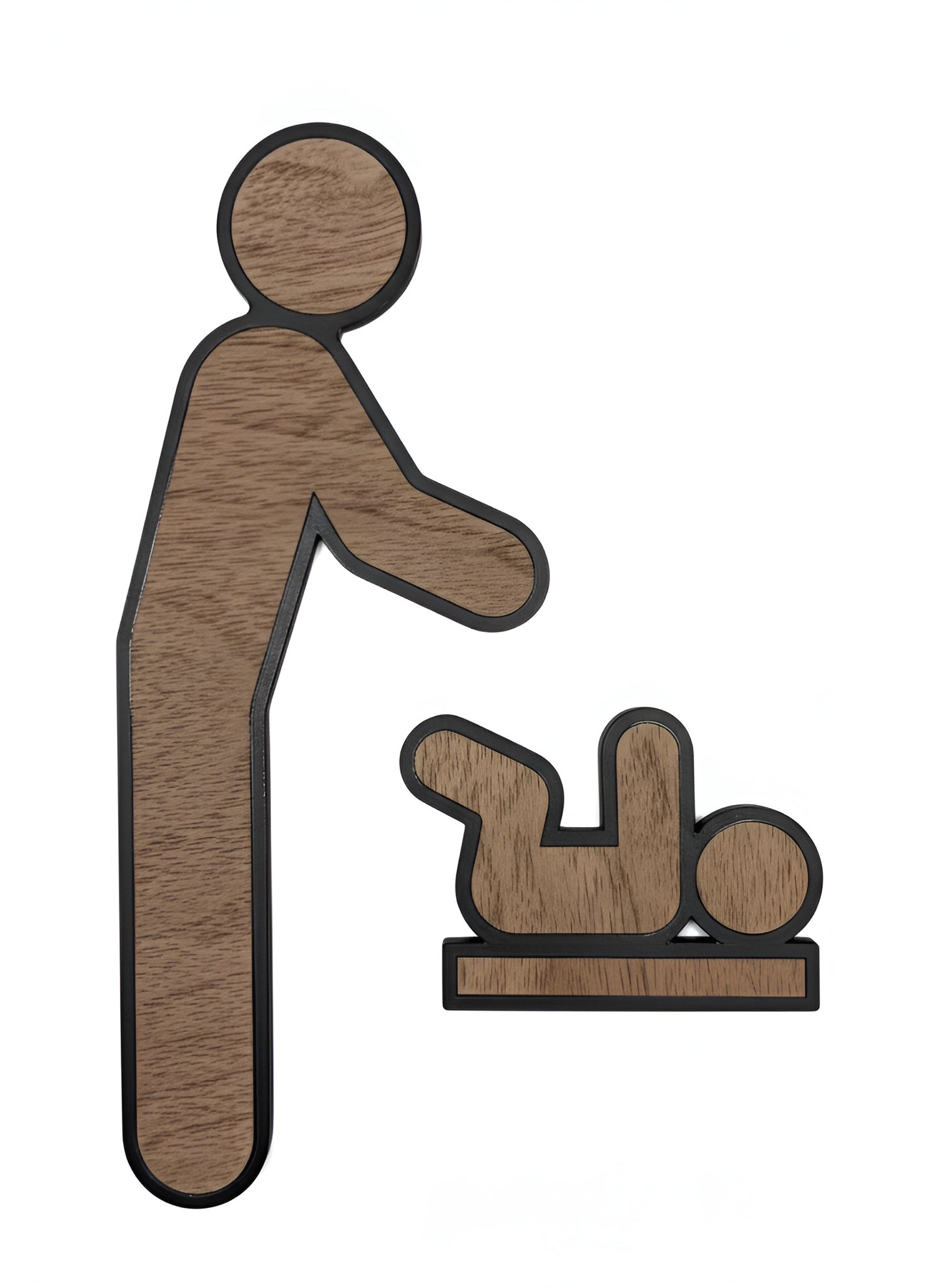 WC Schild Tür – Wickelraum mit Nussbaumholz Dekor | Baby-Wickelstation Hinweisschild | Modernes Piktogramm | Selbstklebend (Schwarz/Nussbaum)