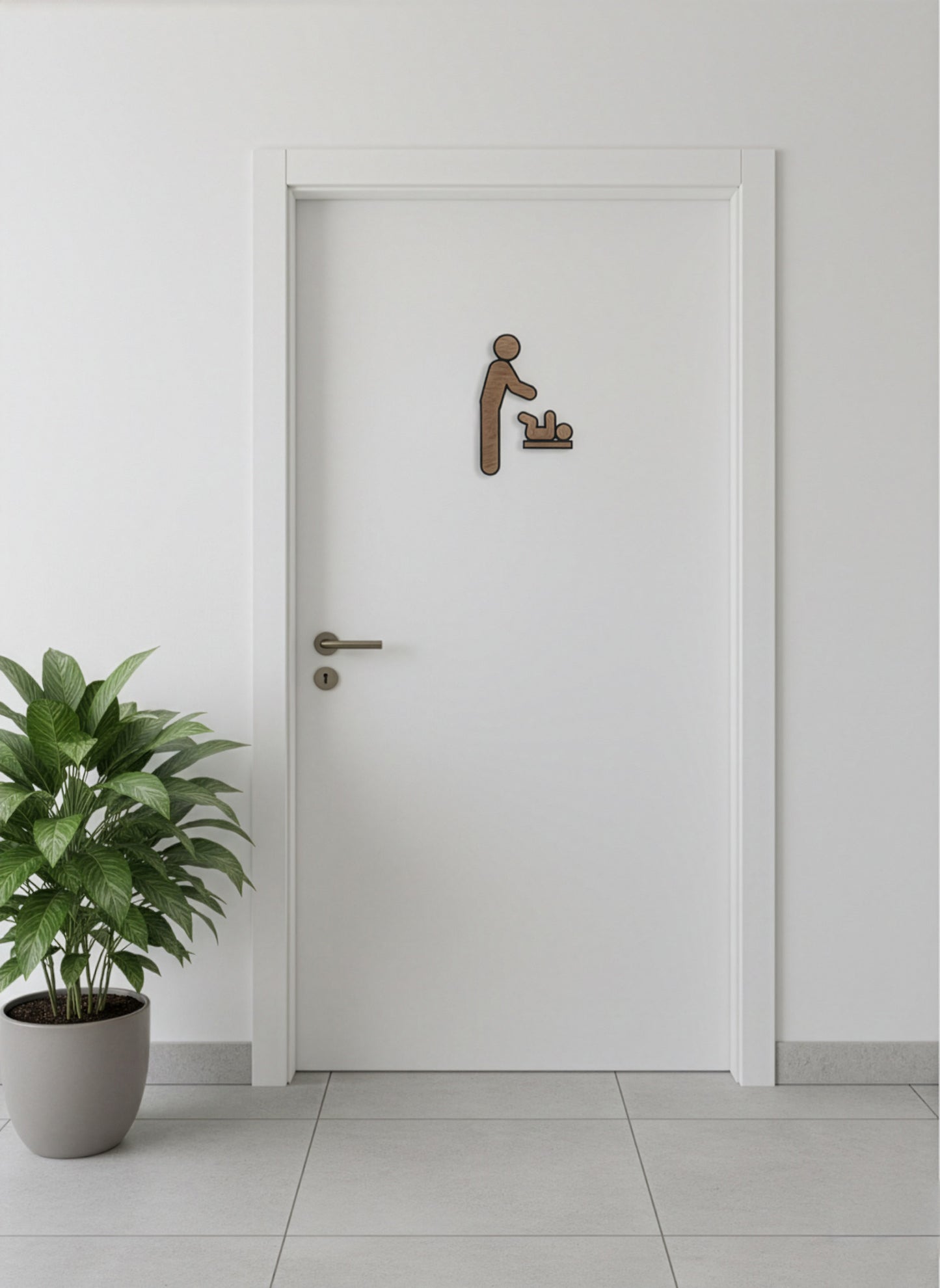 WC Schild Tür – Wickelraum mit Nussbaumholz Dekor | Baby-Wickelstation Hinweisschild | Modernes Piktogramm | Selbstklebend (Schwarz/Nussbaum)